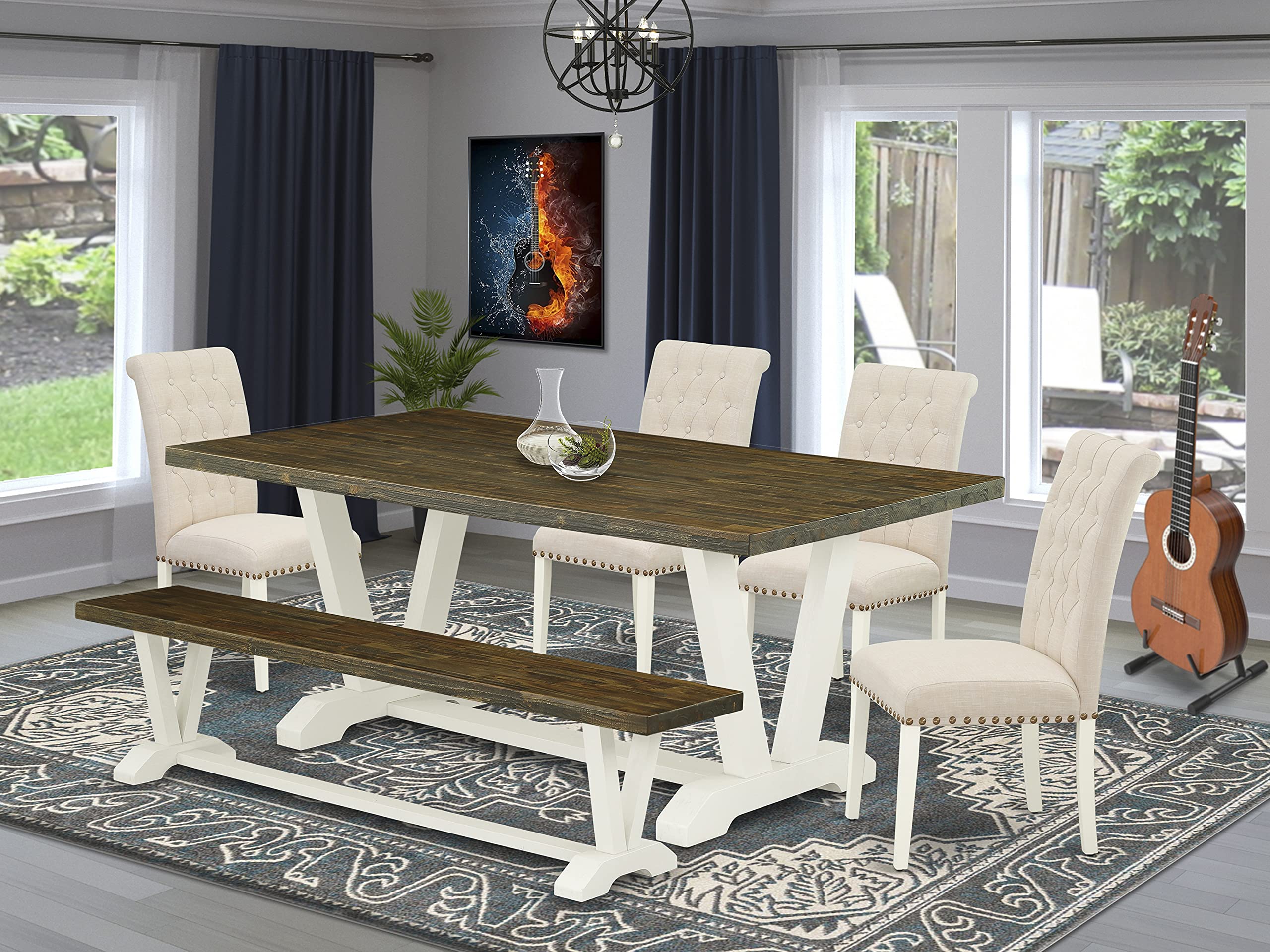 East West Furniture V-Style 6 Piece Set Contains A Rectangle Dining Room Table With V-Legs And 4 Light Beige Linen Fabric Parson Chairs With A Bench, 40X72 Inch, V077Br202-6